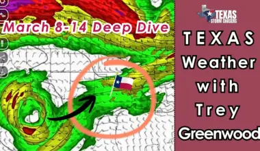 YouTube thumbnail for Texas Weather with Trey Greenwood showing a March 8 to 14 deep dive forecast. The graphic includes a weather model map, a highlighted area over Texas, a Texas flag marker, and Texas Storm Chasers branding.