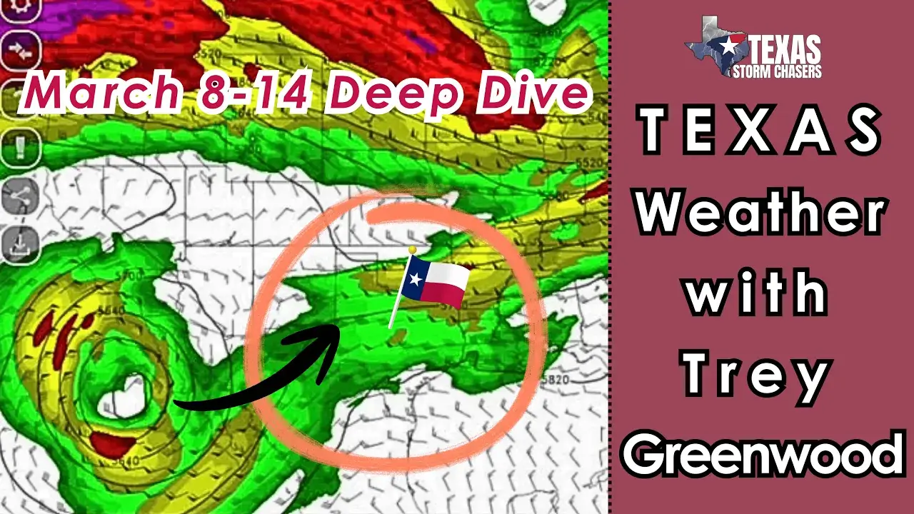 YouTube thumbnail for Texas Weather with Trey Greenwood showing a March 8 to 14 deep dive forecast. The graphic includes a weather model map, a highlighted area over Texas, a Texas flag marker, and Texas Storm Chasers branding.