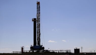 A drilling rig stands near the site where President Donald Trump delivered remarks about American energy production during a visit to the Double Eagle Energy Oil Rig, Wednesday, July 29, 2020, in Midland, Texas. (AP Photo/Tony Gutierrez)