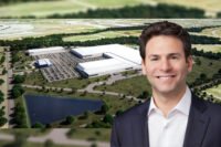 MP Materials CEO James Litinsky and a rendering of plans for Harmonson Road and FM 156, Denton County, TX