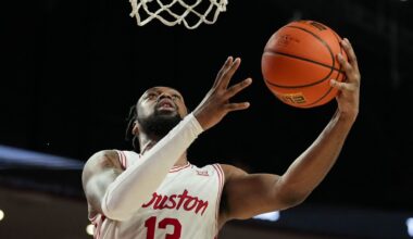 Houston forward J'Wan Roberts (13) shoots during the second half of an NCAA college basketball game against TCU in Houston, Monday, Jan. 6, 2025. (AP Photo/Ashley Landis)