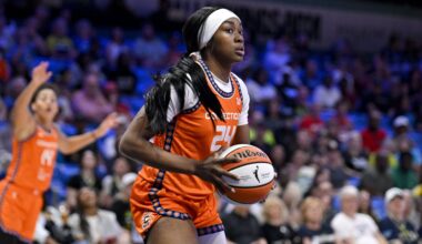 Aug 27, 2025; Arlington, Texas, USA; Connecticut Sun forward Aneesah Morrow (24) grabs a rebound against the Dallas Wings during the first half at College Park Center.