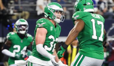 Nov 23, 2025; Arlington, Texas, USA; Philadelphia Eagles safety Reed Blankenship (32) celebrates after an interception in the second quarter at AT&T Stadium.