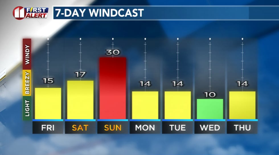 Forecast peak sustained winds are shown in this graph. Peak gusts will exceed the values shown...