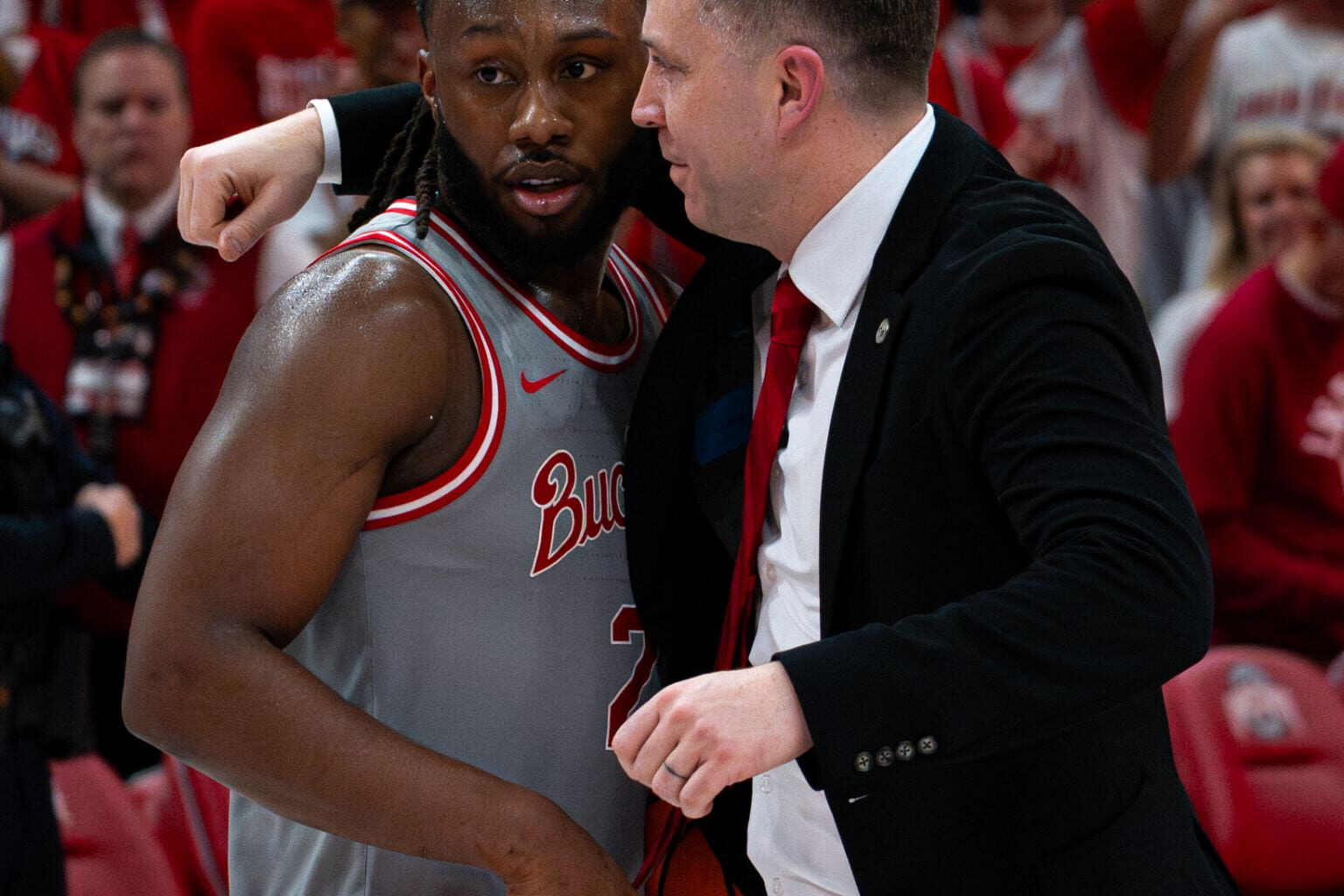 Bruce Thornton and Coach Jake Diebler after Bruce Thornton becomes all time points leader. Credit- Dominic Ferraro