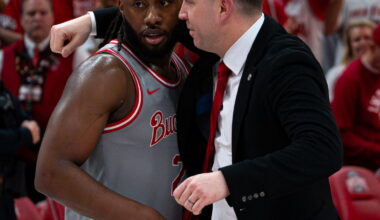 Bruce Thornton and Coach Jake Diebler after Bruce Thornton becomes all time points leader. Credit- Dominic Ferraro