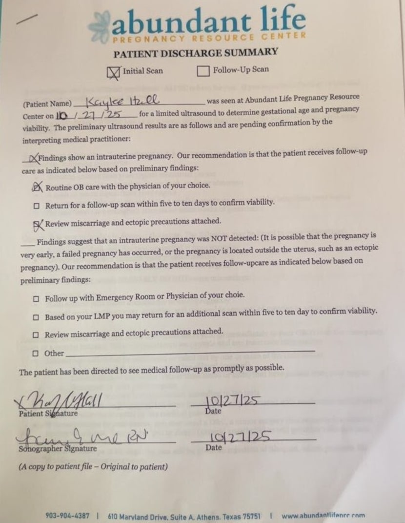 Kaylee Hall went to a pregnancy center in Athens for confirmation of pregnancy. After her...