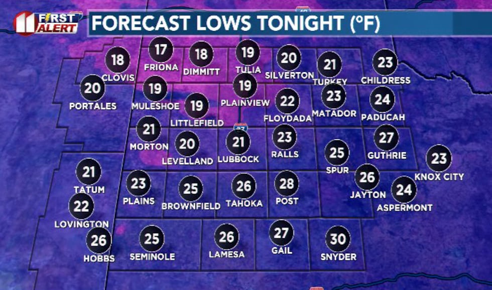 As winds calm, low temperatures will plummet into the teens and low 20s for most of the area...