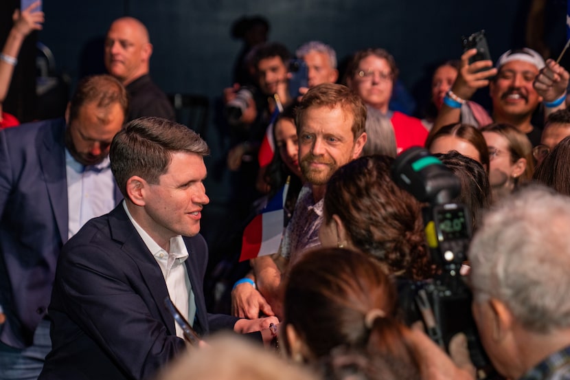 Texas Democratic U.S. Senate hopeful James Talarico greets supporters at his election night...