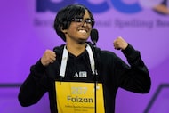 Faizan Zaki, 13, of Allen, reacts as he wins the 2025 Scripps National Spelling Bee,...