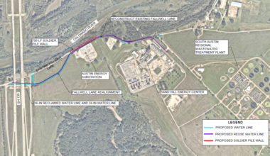Map of Fallwell Lane project area, featuring proposed water and reuse water lines, and proposed soldier pile wall.