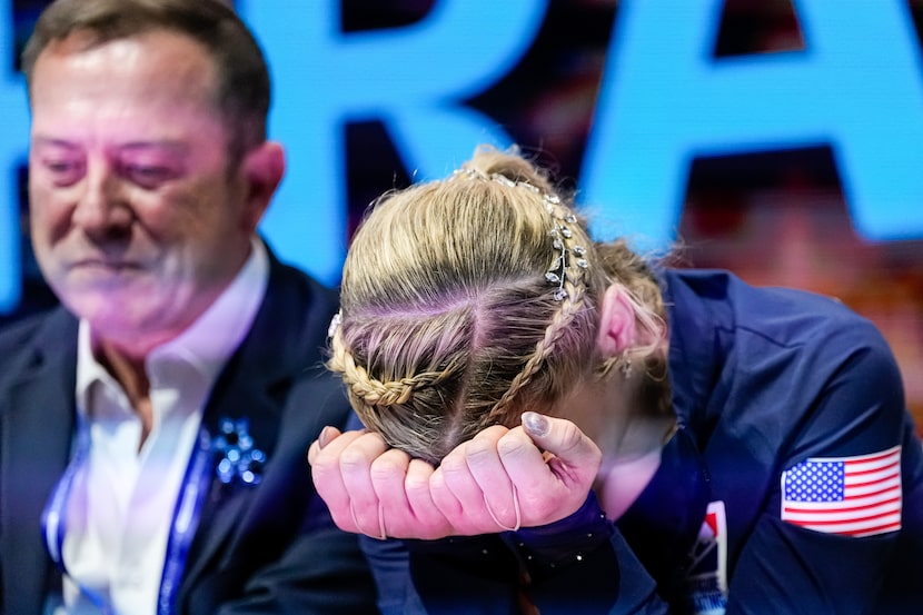 Amber Glenn from the United States reacts at the end of her routine during the women free...