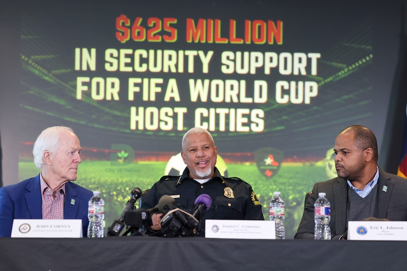 From left, Senator John Cornyn (R-TX), Dallas Police Chief Daniel Comeaux, and Mayor Eric...