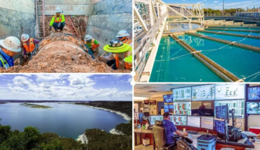 Photo collage containing images of Austin Water employees, construction workers, and water infrastructure including pipes and treatment facilities.