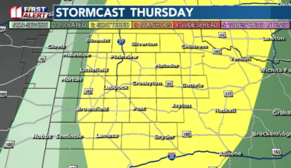 The SPC has given the South Plains a Slight (2/5) Risk for scattered severe thunderstorms...