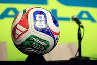 A 2026 FIFA World Cup soccer ball was displayed at the North Texas FWC Organizing Committee...