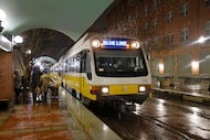 A DART train arrives at the West End station, Jan. 24, 2026, in Dallas.