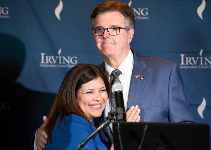 Lt. Gov. Dan Patrick congratulates Irving ISD superintendent Magda Hernandez on her...