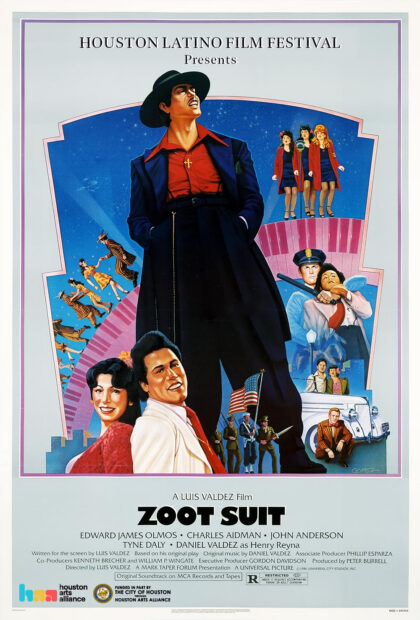 A movie poster for "Zoot Suit," a 1981 film directed by Luis Valdez starring Edward James Olmos.