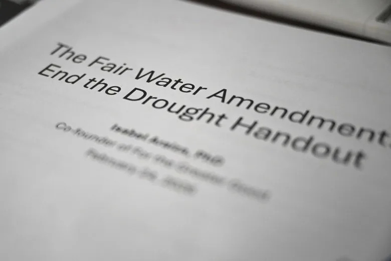 Literature opposing industrial drought exemptions greets visitors at the For the Greater Good office in Corpus Christi. <span class="image-credit">Pete Garcia for The Texas Tribune</span>