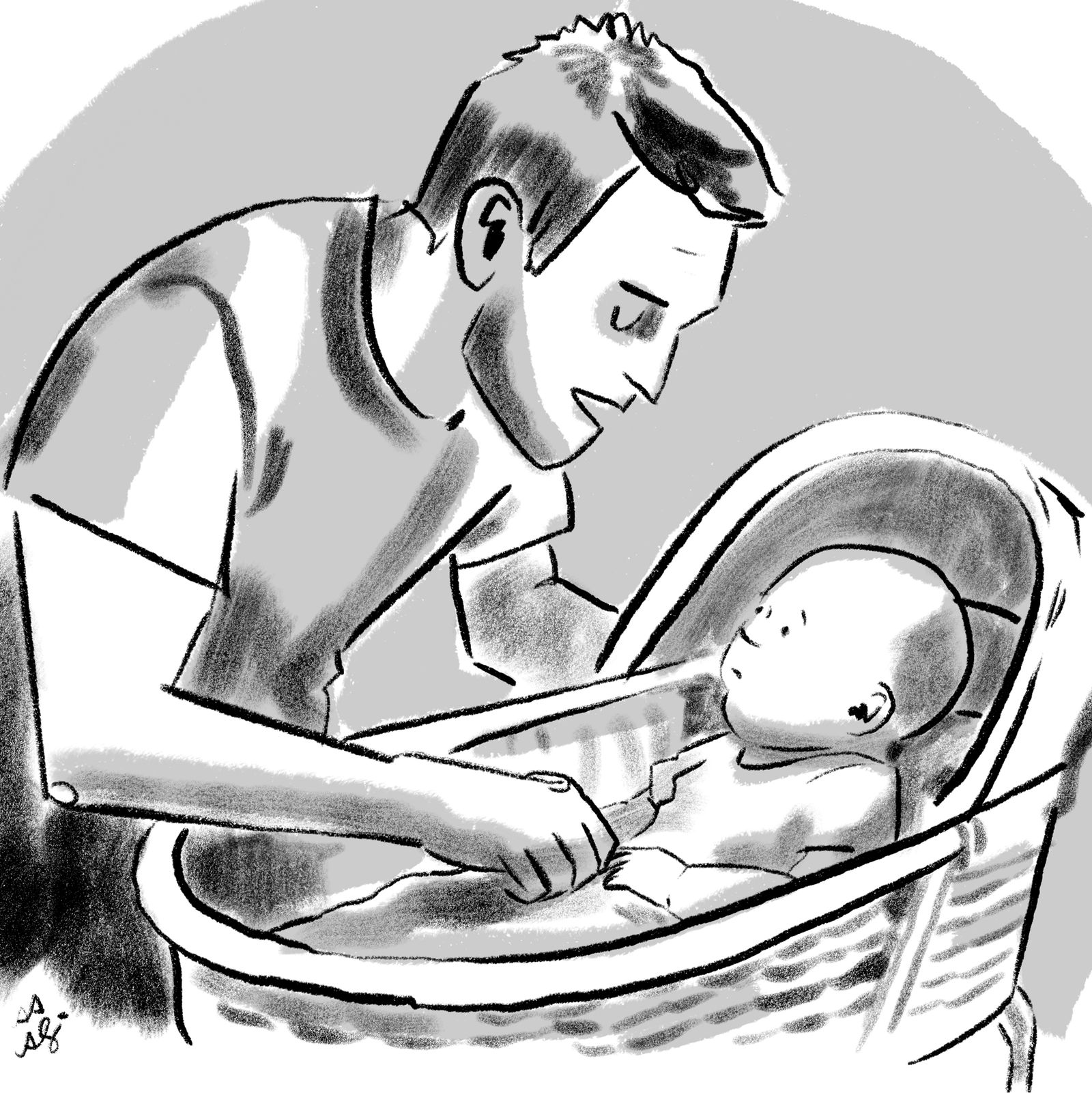 Father looking down at baby.