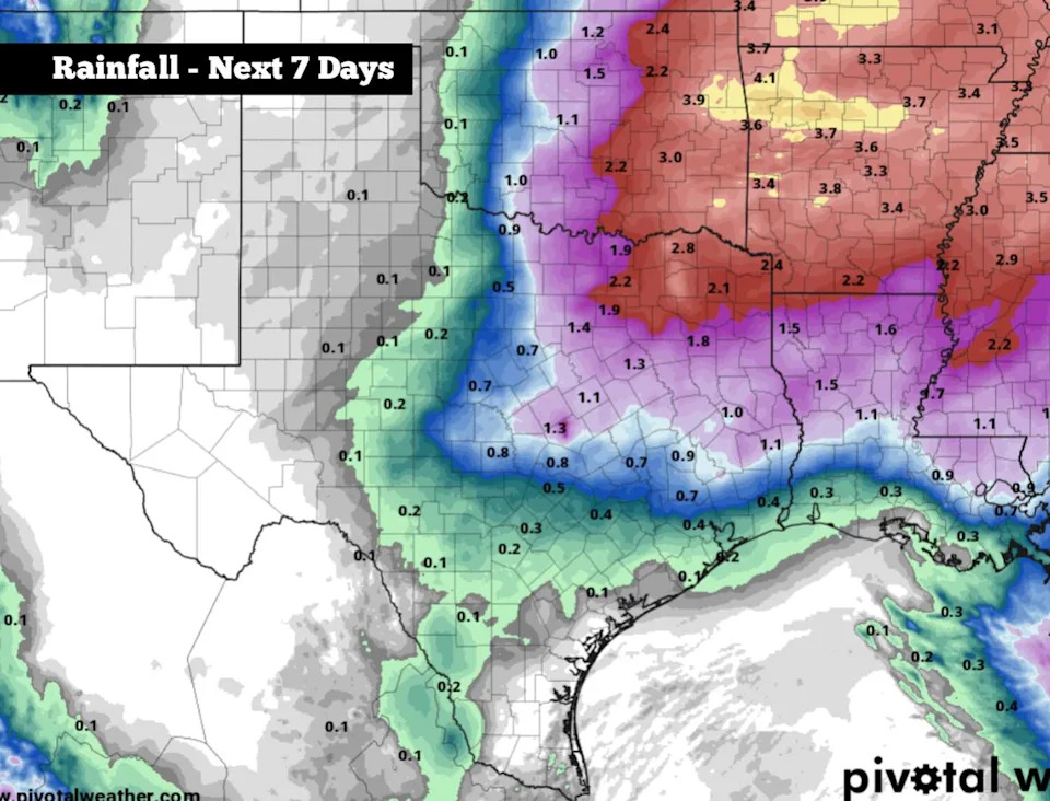 Shown are the potential rainfall totals across Texas over the next seven days, according to the National Blend of Models. The heaviest rainfall is expected across North and East Texas. (Pivotal Weather)