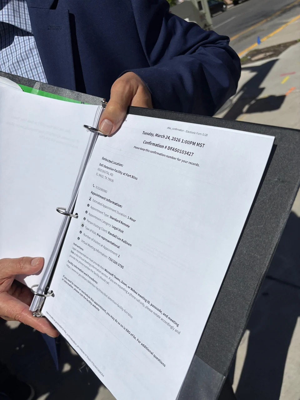 Civil Rights attorney Randall Kallinen, who represents the family of Victor Manuel Diaz, who died in El Paso on Jan. 14, 2026, at the ICE facility of Camp East Montana shows the confirmation for a virtual visit with another client at the facility that was cancelled upon another medical quarantine.