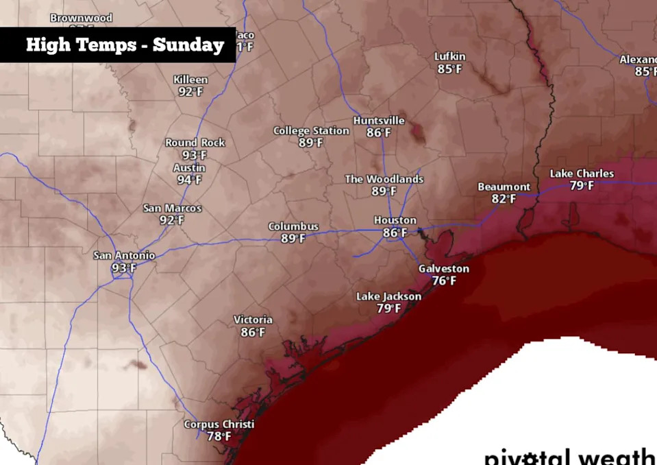 Shown are the expected high temps across the region on Sunday. (Pivotal Weather)