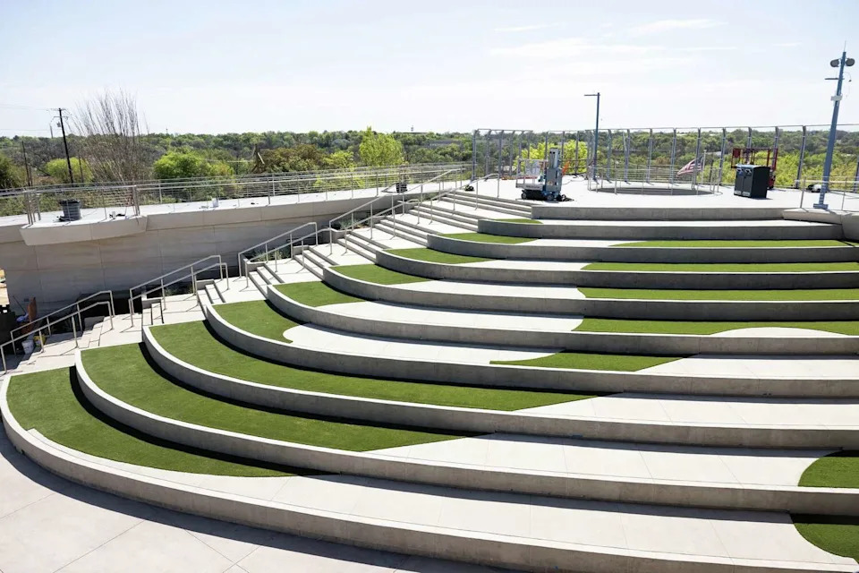 An amphitheater at Halperin Park, a new deck park in Oak Cliff, on Tuesday, March 24, 2026, in Dallas. (Angela Piazza/Staff Photographer)