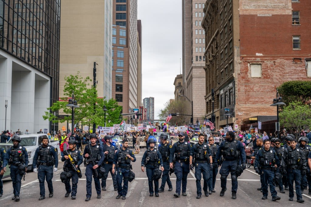 The Dallas Police Department work to contain a demonstration during a “No Kings” rally in downtown on March 28, 2026 in Dallas, Texas. Getty Images
