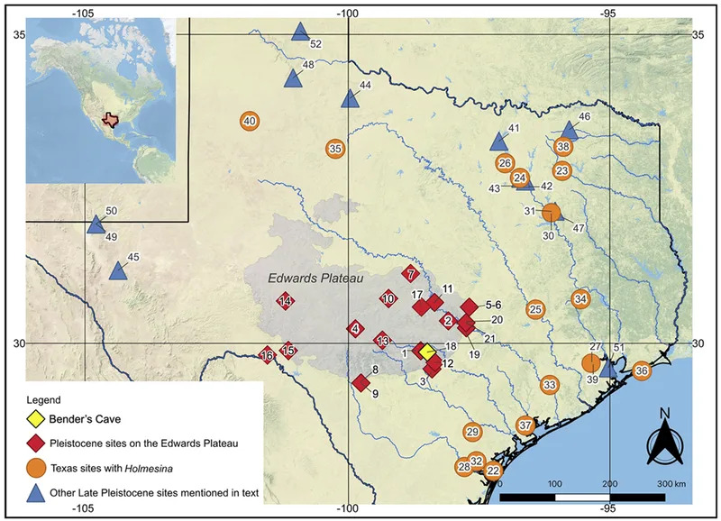 Texas and the Edwards Plateau with relevant Late Pleistocene sites indicated. (CREDIT: Quaternary Research)