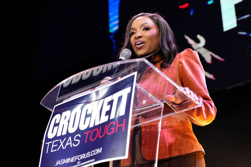 Rep. Jasmine Crockett, D-Texas, a Democratic candidate for U.S. Senate, speaks during a primary election watch party Tuesday, March 3, 2026, in Dallas. (AP Photo/Tony Gutierrez)