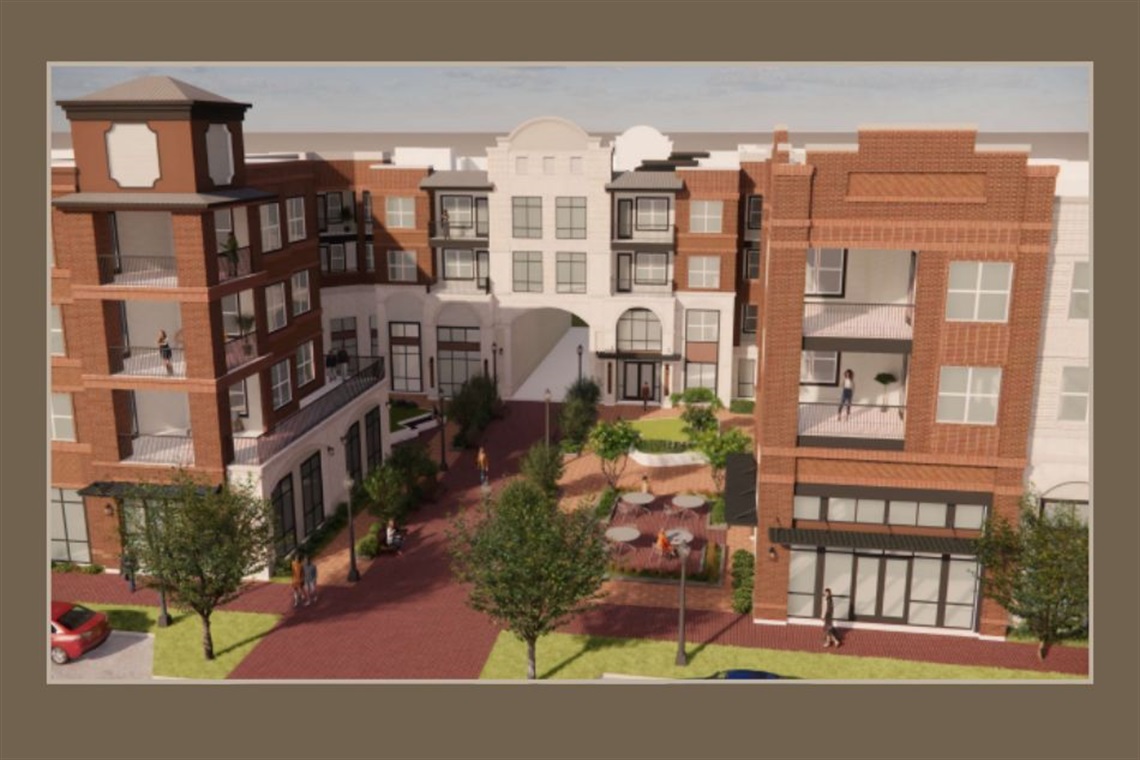 Rendering of a mixed-use development that would be constructed in Downtown Arlington by Wolverine Interests, LLC.
