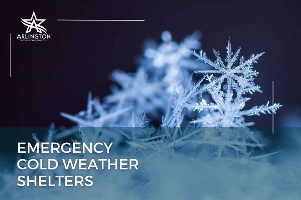 Emergency Cold Weather Shelters graphic with snowflakes in the background.