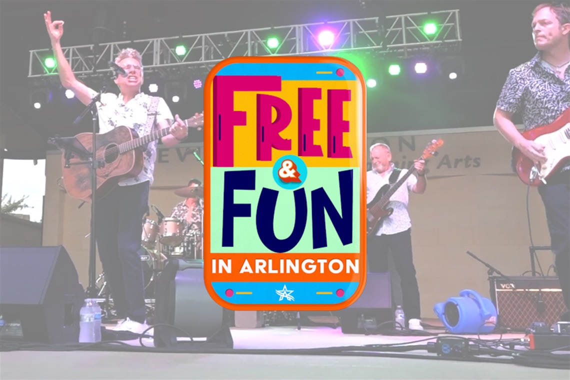 Band performing on stage in the background with Free & Fun logo in the foreground. 