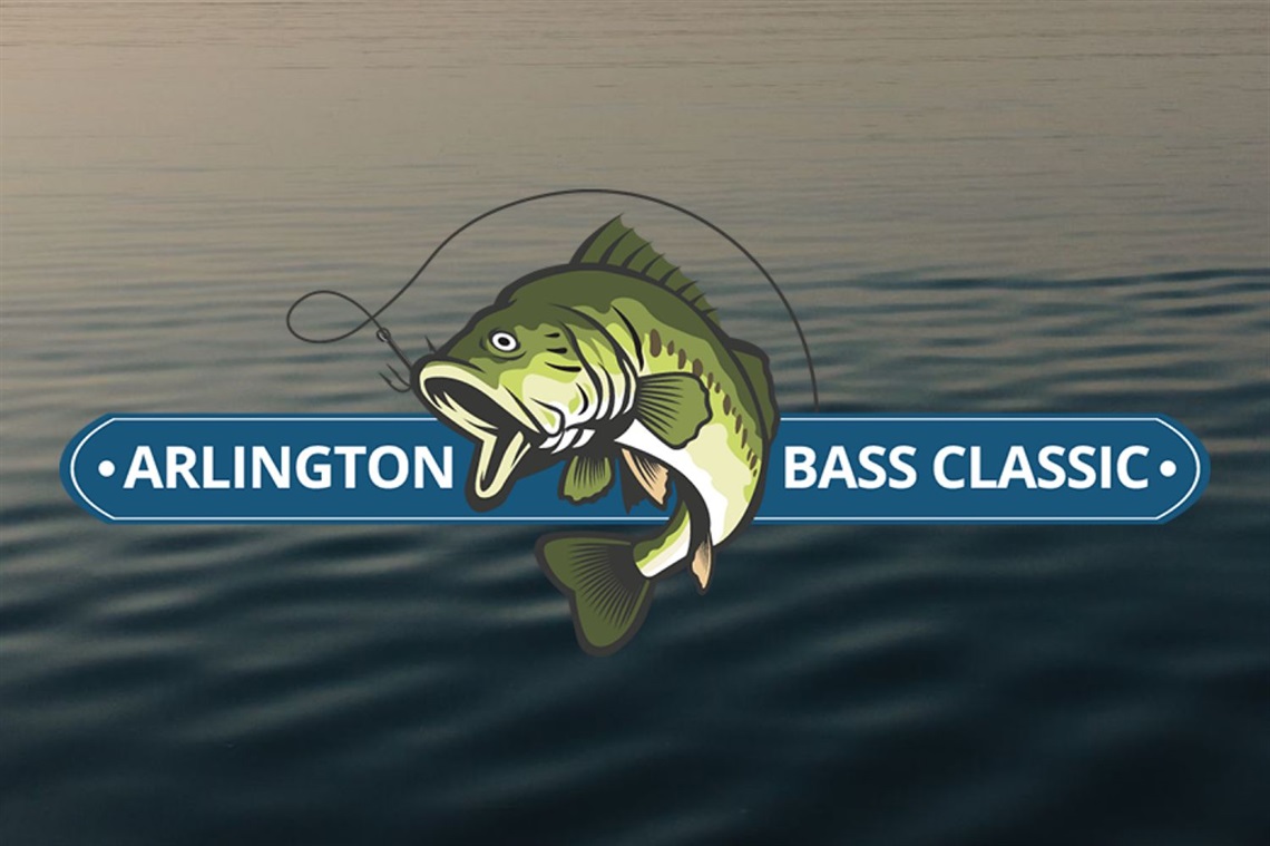 Arlington Bass Classic logo with bass graphic in front of lake photo