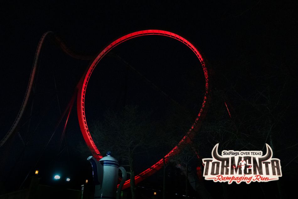 Six Flags Over Texas Tormenta Roller Coaster at Night in February 2026.