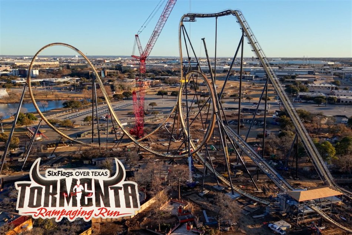 Tormenta Roller Coaster construction at Six Flags Over Texas in February 2026.