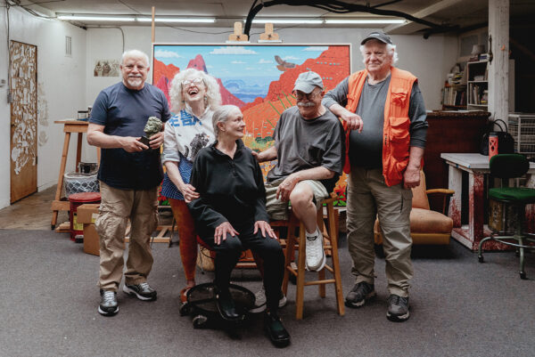 A group photograph of artists Dennis Blagg, Nancy Lamb, Cindy Holt, Daniel Blagg, and Jim Malone at Artspace111. 