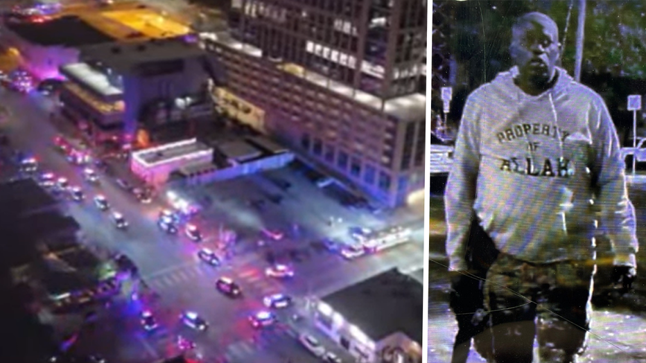 Left: An image taken from video recorded from a high-rise overlooking the scene of a mass shooting in Austin, Texas, on March 1, 2026. Right: An image being circulated by FOX News shows the apparent shooter.