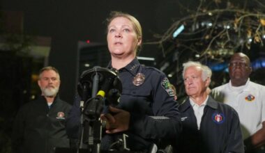 Austin Police Chief Lisa Davis provides a briefing after a shooting, Sunday March 1, 2026, near West Sixth Street and Nueces in downtown Austin, Texas. (Ricardo B. Brazziell/Austin American-Statesman via AP)