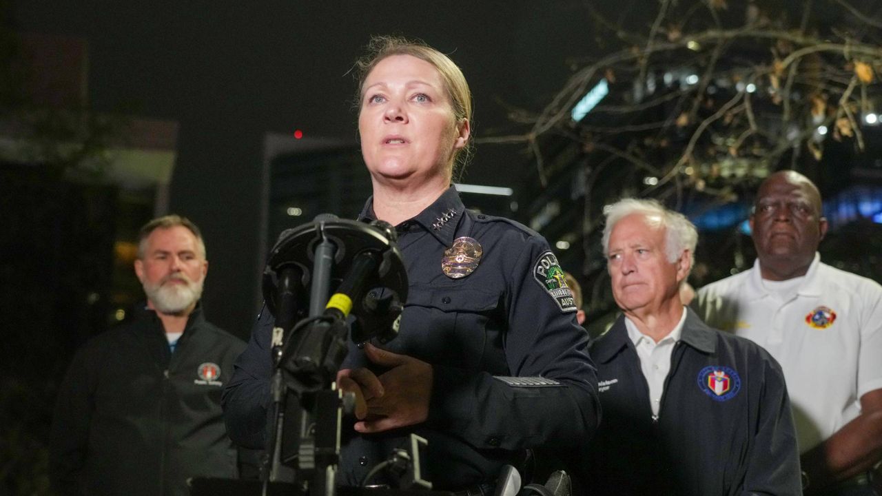 Austin Police Chief Lisa Davis provides a briefing after a shooting, Sunday March 1, 2026, near West Sixth Street and Nueces in downtown Austin, Texas. (Ricardo B. Brazziell/Austin American-Statesman via AP)