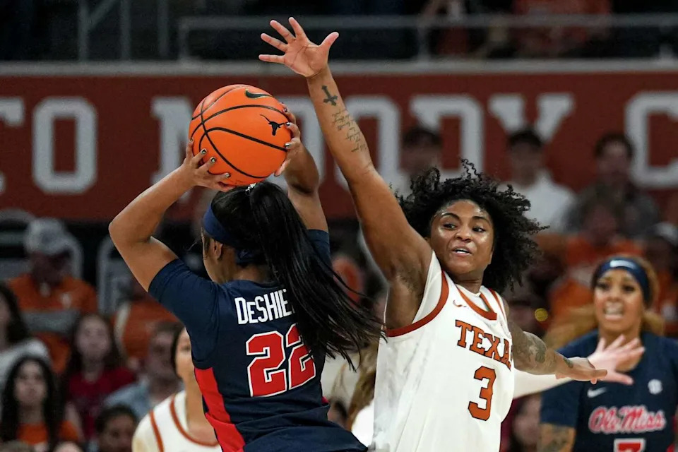 Texas Longhorns guard Rori Harmon (3) guards Ole Miss guard Denim DeShields (22) during the game at the Moody Center on Sunday, Jan. 4, 2026 in Austin. (Aaron E. Martinez/Austin American-Statesman)