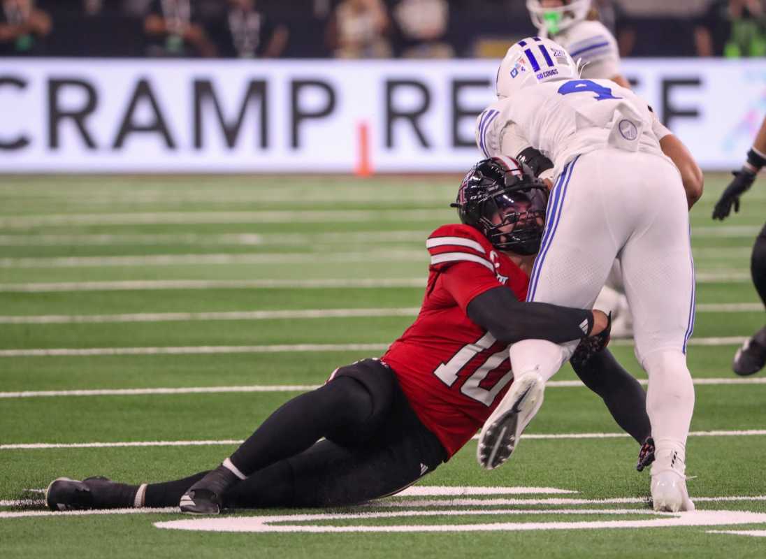 Texas Tech's Jacob Rodriguez makes the tackle.© Nathan Giese/Avalanche-Journal / USA TODAY NETWORK via Imagn Images