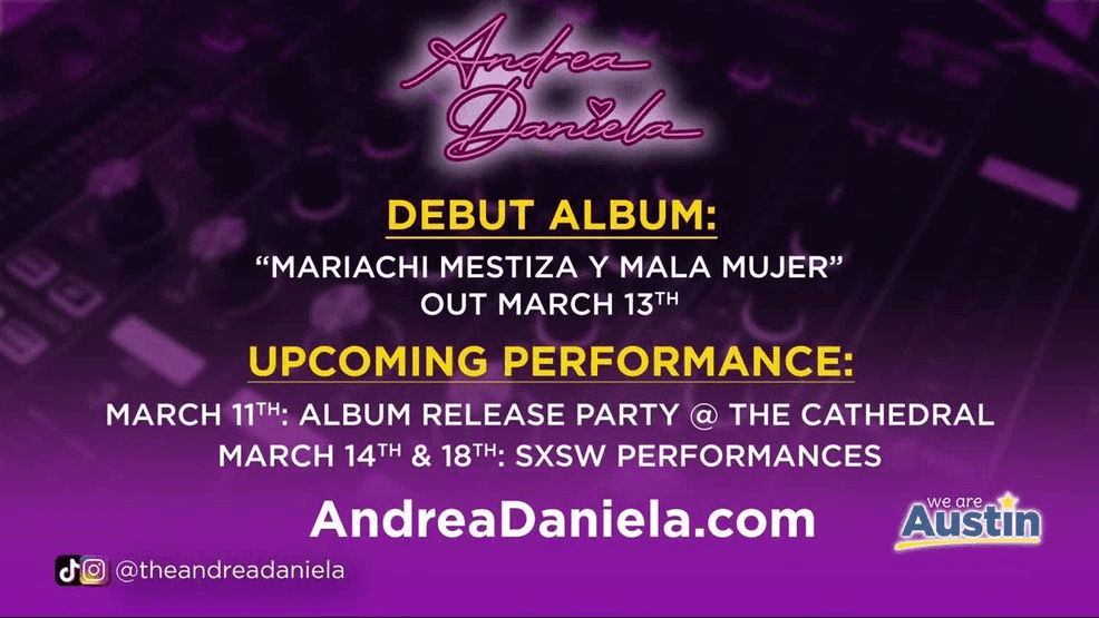 Fans can keep up with Andrea Daniela’s latest music, performances, and upcoming shows by visiting andreadaniela.com or following her on social media.
