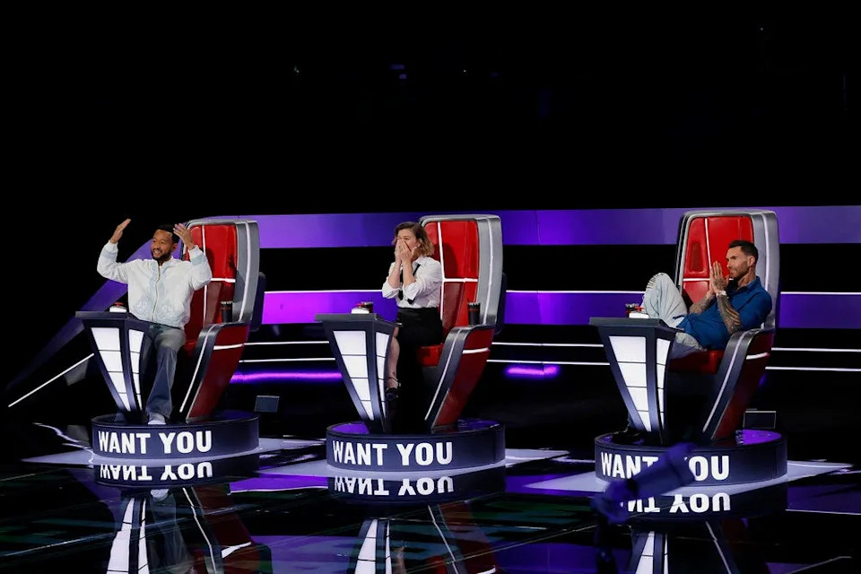 "The Voice: The Blind Auditions Premiere Episode 2901 on Feb. 23. Pictured: (l-r) John Legend, Kelly Clarkson, Adam Levine -- (Photo by: Trae Patton/NBC) Trae Patton/NBC