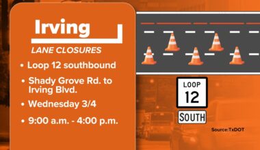 Midday lane closures snarl southbound Loop 12 in Irving, and storms could complicate Wednesday