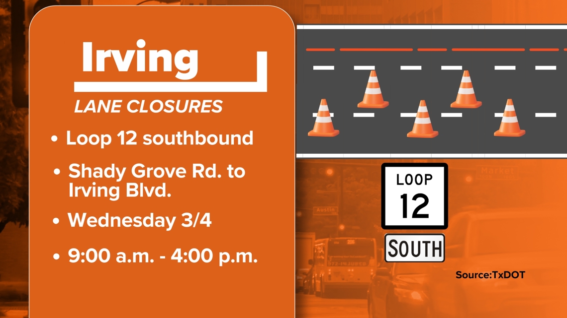 Midday lane closures snarl southbound Loop 12 in Irving, and storms could complicate Wednesday