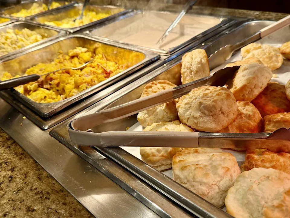 Biscuits and the weekend breakfast buffet at Heaven's Gate Restaurant in Fort Worth, seen Oct. 11, 2025.