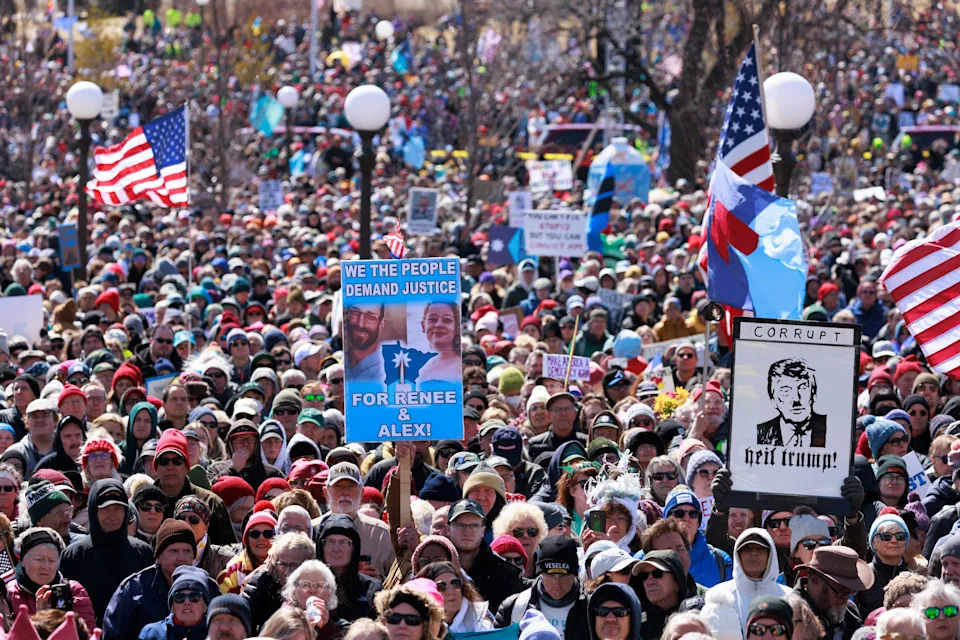 A large crowd of demonstrators gather outside the Minnesota State Capitol during the "No Kings" national day of protest in Saint Paul, Minnesota, on March 28, 2026.